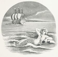 Mermaid and sailing ship, 1888. Creator: Laura Troubridge
