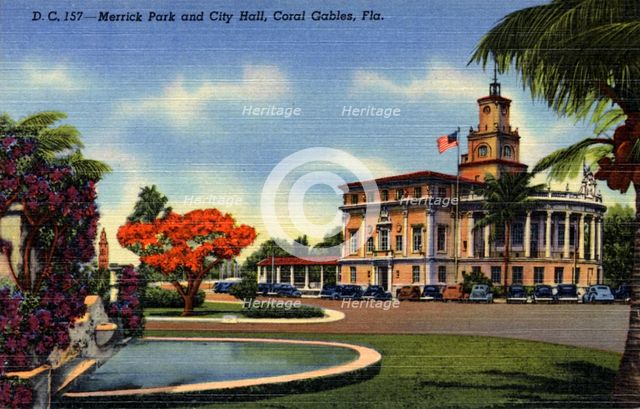 Merrick Park and City Hall, Coral Gables, Florida, USA, 1940. Artist: Unknown