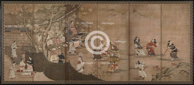 Merry-making under aronia blossoms. Left of a pair of six-section folding screens, 18th century. Artist: Naganobu, Kano Isenin (1775-1828)