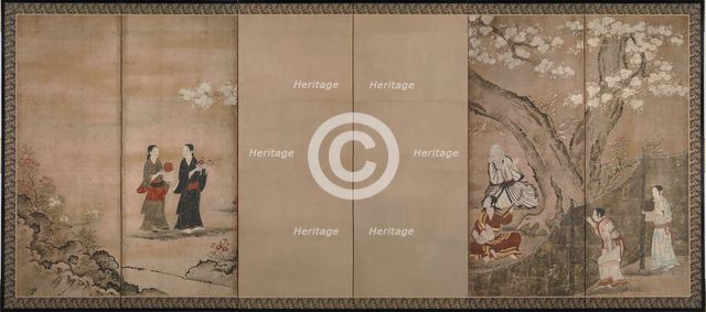 Merry-making under aronia blossoms. Right of a pair of six-section folding screens, 18th century. Artist: Naganobu, Kano Isenin (1775-1828)