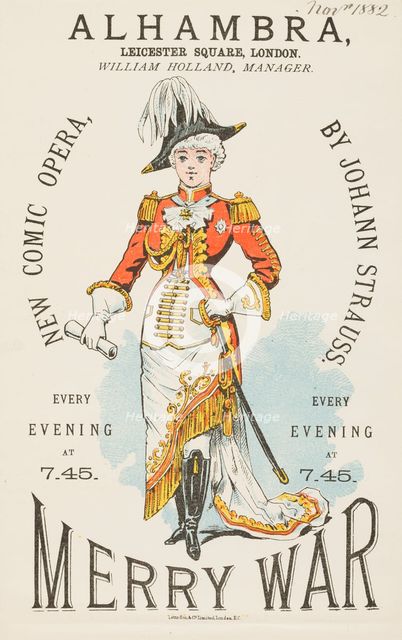 "Merry War"; New Comic Opera, by Johann Strauss, 1882. Creator: Unknown.