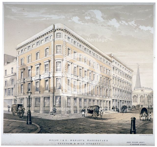 Messrs J&R Morley's warehouses, corner of Milk Street and Gresham Street, London, c1840. Artist: Martin & Hood