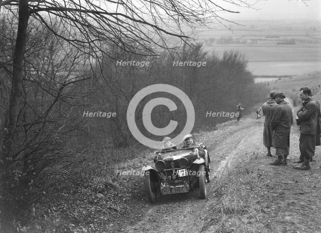 MG J2 competing in a trial, Crowell Hill, Chinnor, Oxfordshire, 1930s. Artist: Bill Brunell.