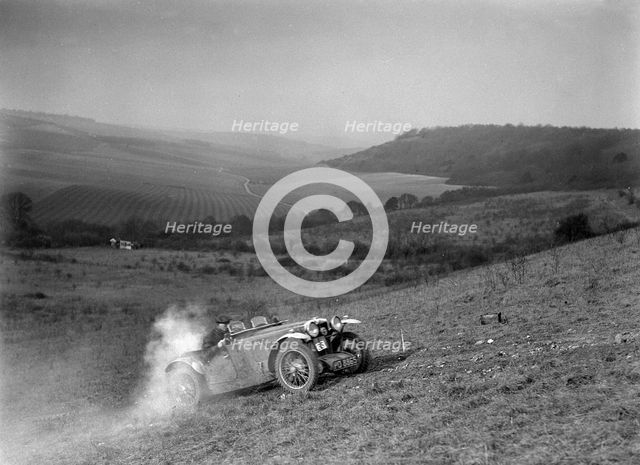 MG J2 competing in the London Motor Club Coventry Cup Trial, Knatts Hill, Kent, 1938. Artist: Bill Brunell.