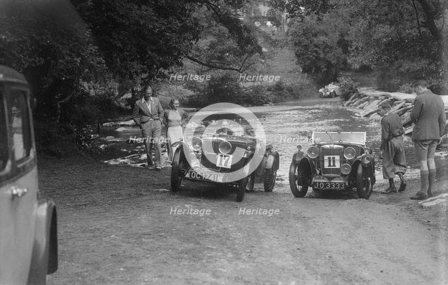 MG J2 and MG D type at the Mid Surrey AC Barnstaple Trial, Tarr Steps, Exmoor, 1934. Artist: Bill Brunell.