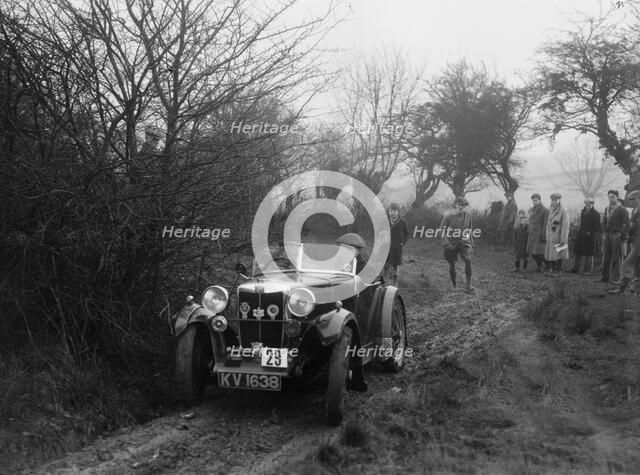 MG M type of AJ Milburn at the Sunbac Colmore Trial, near Winchcombe, Gloucestershire, 1934. Artist: Bill Brunell.