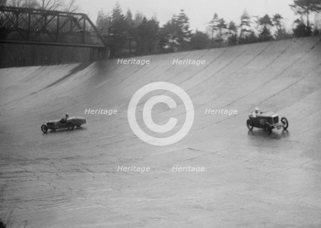 MG M type and Riley 9 Brooklands racing at a BARC meeting, Brooklands, Surrey, 1931 Artist: Bill Brunell.