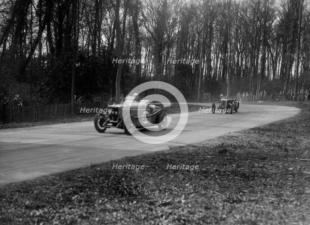 MG Magnette and Frazer-Nash Byfleet II racing at Donington Park, Leicestershire, 1930s. Artist: Bill Brunell.