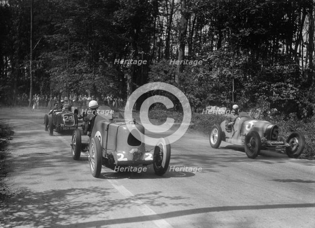 MG Magnette, Bugatti Type 37A and Alta, Donington Park Race Meeting, Leicestershire, 1935. Artist: Bill Brunell.