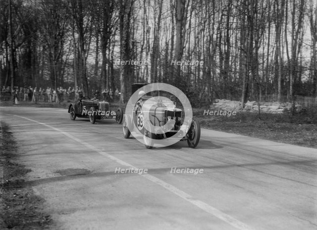 MG Magnette leading a Frazer-Nash Shelsley at Donington Park, Leicestershire, 1930s. Artist: Bill Brunell.
