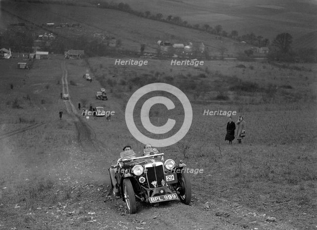 MG PA competing in the London Motor Club Coventry Cup Trial, Knatts Hill, Kent, 1938. Artist: Bill Brunell.