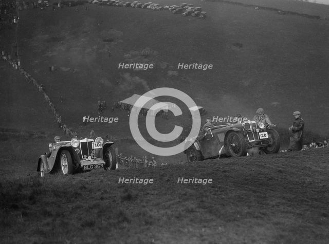 MG PA and MG J type competing in the MG Car Club Rushmere Hillclimb, Shropshire, 1935. Artist: Bill Brunell.