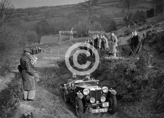 MG PA of G Tyrer competing in the MG Car Club Midland Centre Trial, 1938. Artist: Bill Brunell.