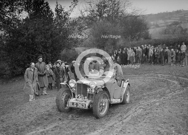 MG PA of J Twyford at the MG Car Club Midland Centre Trial, 1938. Artist: Bill Brunell.