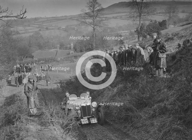 MG PB of K Scales competing in the MG Car Club Midland Centre Trial, 1938. Artist: Bill Brunell.
