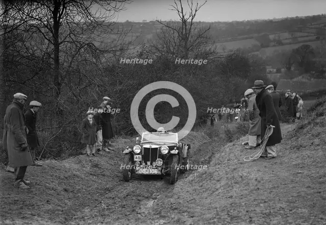 MG TA of F Wallace competing in the MG Car Club Midland Centre Trial, 1938. Artist: Bill Brunell.