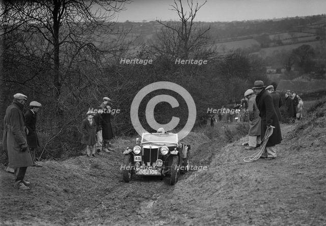 MG TA of F Wallace competing in the MG Car Club Midland Centre Trial, 1938. Artist: Bill Brunell.