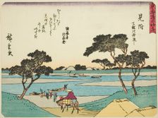 Mitsuke: Ferries Crossing the Tenryu River (Mitsuke, Tenryugawa funawatashi), from..., c. 1837/42. Creator: Ando Hiroshige