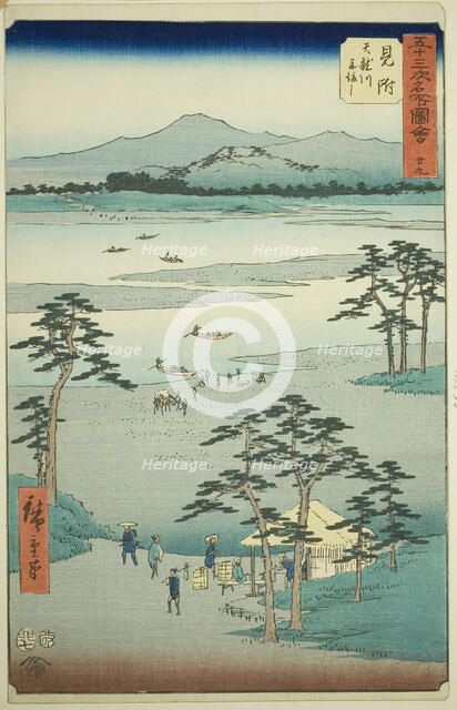 Mitsuke: Ferry on the Tenryu River (Mitsuke, Tenryugawa funewatashi), no. 29 from the seri..., 1855. Creator: Ando Hiroshige.