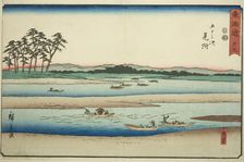 Mitsuke: Ferryboats on the Tenryu River (Mitsuke, Tenryugawa no funawatashi)—No. 29..., c. 1847/52. Creator: Ando Hiroshige