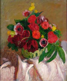 Mixed flowers on pink cloth, c1916. Creator: Roderic O'Conor