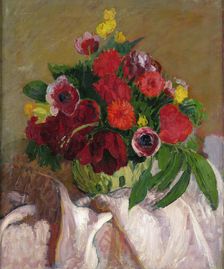Mixed flowers on pink cloth, c1916. Creator: Roderic O'Conor