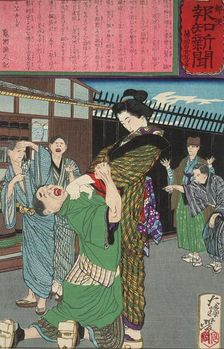 Miyamoto Hanako Chastening a Drunkard, 1875. Creator: Tsukioka Yoshitoshi