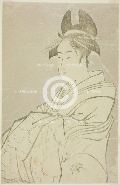 Miyahito of the Ogiya, Whose Assistants Are Tsubaki and Shirabe (Ogiya uchi..., Japan, 1793/94. Creator: Kitagawa Utamaro.