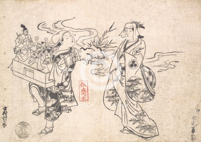Mizuki Kikusaburo as a Woman Standing near a Small Stream and Looking at a Wander..., probably 1709. Creator: Okumura Masanobu.