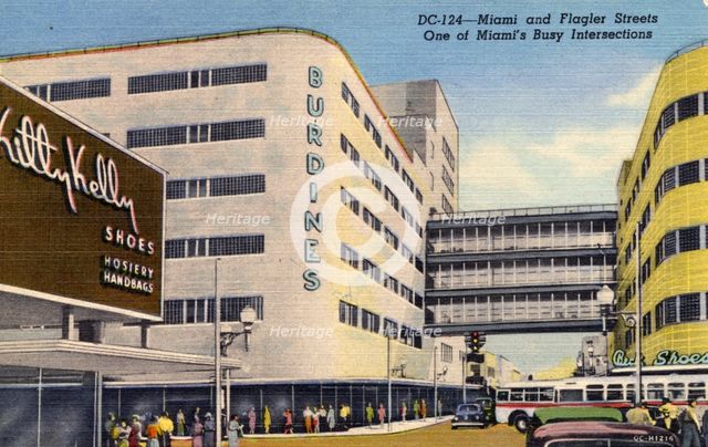 'Miami and Flagler Streets, one of Miami's busiest intersections', Florida, USA, 1950. Artist: Unknown