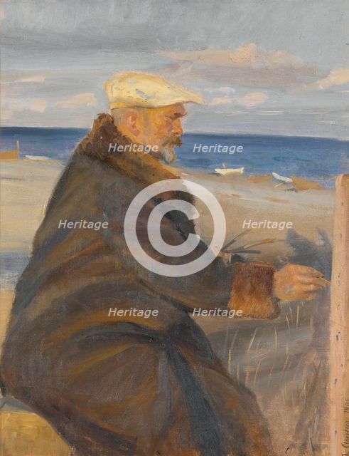 Michael Ancher painting on the beach, 1901. Creator: Anna Kirstine Ancher.