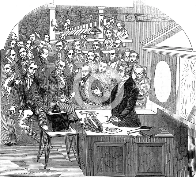 Michael Faraday lecturing on electricity and magnetism, Royal Institution, London, 1846. Creator: Unknown.