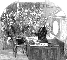 Michael Faraday lecturing on electricity and magnetism, Royal Institution, London, 1846. Creator: Unknown