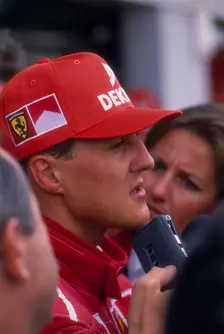 Michael Schumacher being interviewed, British Grand Prix, Silverstone, Northamptonshire, 1997