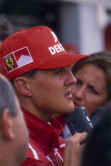 Michael Schumacher being interviewed, British Grand Prix, Silverstone, Northamptonshire, 1997