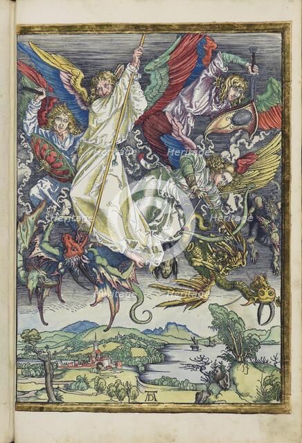 Michael's fight with the dragon. From the Apocalypse (Revelation of John), 1511. Creator: Dürer, Albrecht (1471-1528).