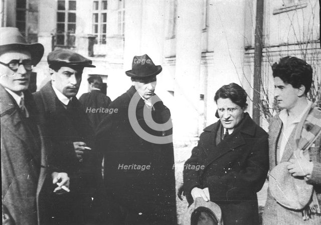 Michail Fainsilberg, Valentin Kataev, Mikhail Bulgakov, Yury Olesha and Iosif Utkin at the Funeral of Vladimir Mayakovsky, 1930.