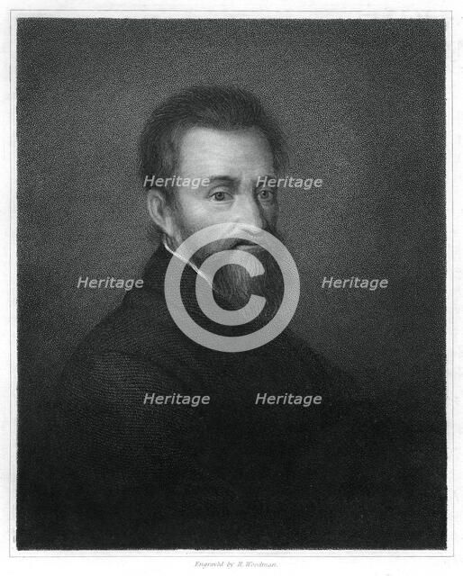 Michelangelo, Italian Renaissance sculptor, painter, architect and poet, (1833).Artist: R Woodman