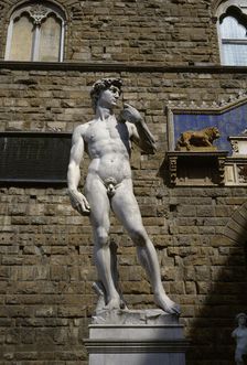 Michelangelo's David statue (copy), Palazzo Vecchio, Florence, Italy, 1999. Creator: LTL