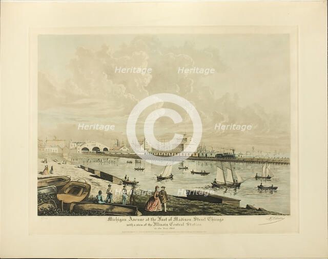 Michigan Avenue at the Foot of Madison Street, Chicago..., published December 1926 (1864 depicted). Creator: Raoul Varin.