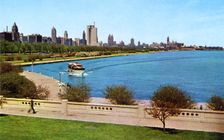 Michigan Avenue skyline and lakefront, Chicago, Illinois, USA, 1956