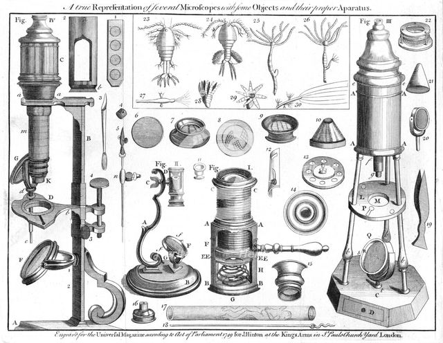 Microscopes and microscopical objects, 1750. Creator: Unknown.