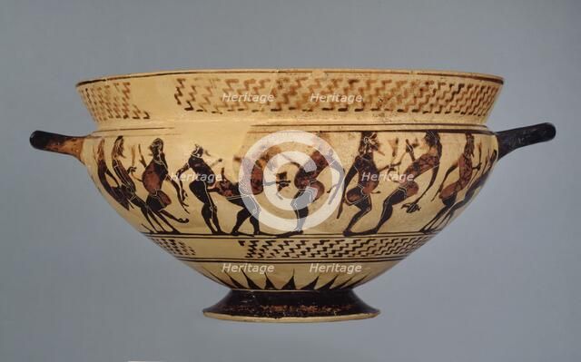 Middle Corinthian cup (skyphos) with a frieze of ithyphallic naked dancers, c600-575BC. Artist: Unknown.