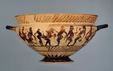 Middle Corinthian cup (skyphos) with a frieze of ithyphallic naked dancers, c600-575BC