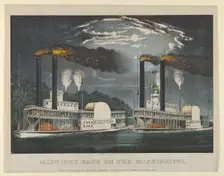 Midnight Race on the Mississippi, 1875., 1875. Creators: Nathaniel Currier, James Merritt Ives, Currier and Ives