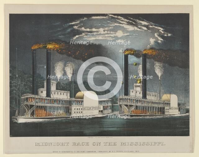 Midnight Race on the Mississippi, 1875., 1875. Creators: Nathaniel Currier, James Merritt Ives, Currier and Ives.