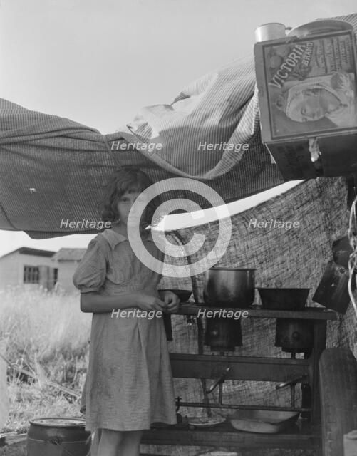 Migratory child in camp at end of day, Bean pickers' camp near West Stayton, Oregon , 1939. Creator: Dorothea Lange.