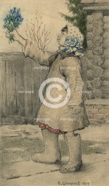 Migrant Orphan Selling Blue Snowdrop Flowers in Irkutsk, 1904. Creator: Boris Vasilievich Smirnov.