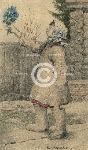 Migrant Orphan Selling Blue Snowdrop Flowers in Irkutsk, 1904. Creator: Boris Vasilievich Smirnov.
