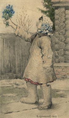 Migrant Orphan Selling Blue Snowdrop Flowers in Irkutsk, 1904. Creator: Boris Vasilievich Smirnov